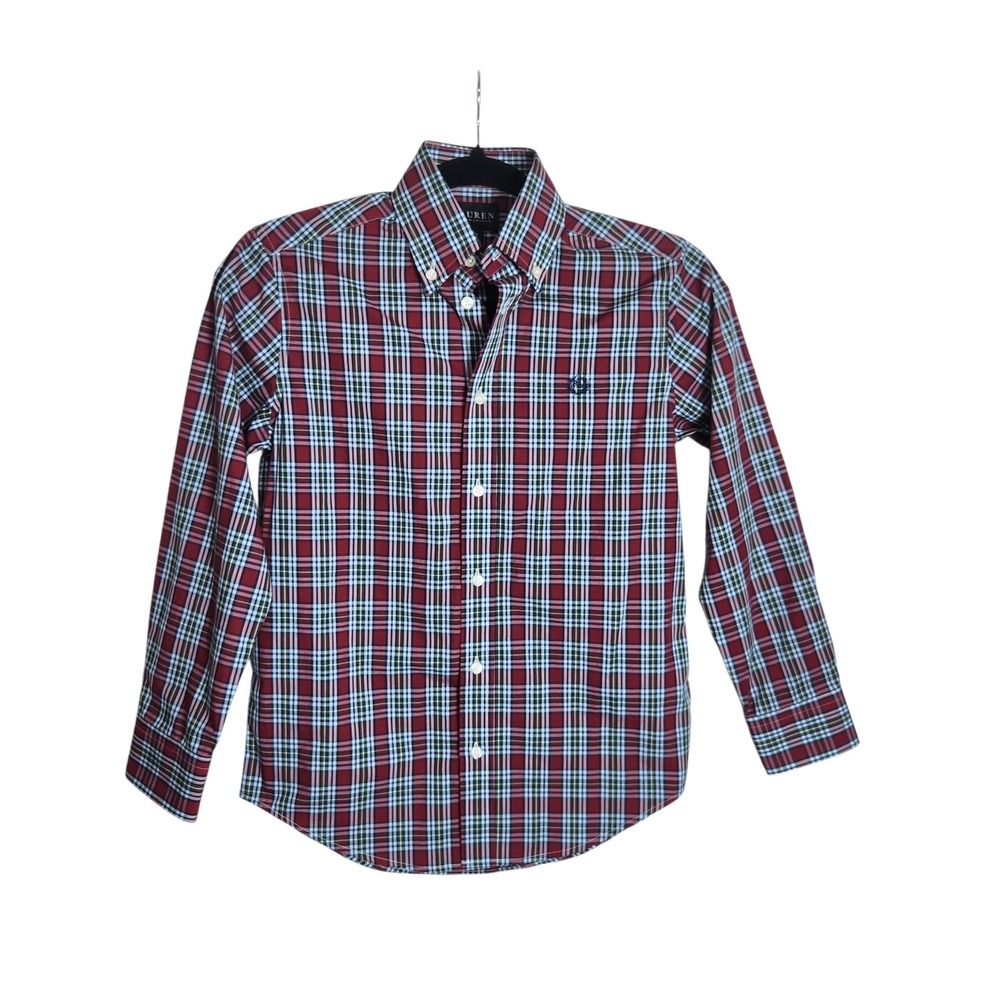 Lauren Ralph Lauren Boys Red Blue Plaid Button Down Shirt Size 12 Long Sleeve